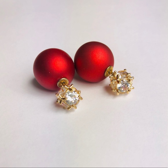 New! Cubic Zirconia Double Sided Stud Earrings Red - Picture 4 of 7